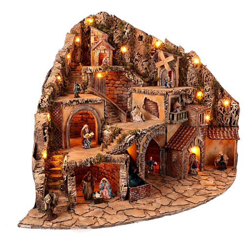 Corner village with lights, animated mill and fountain for 10 cm Neapolitan Nativity Scene, 70x95x75 cm 4