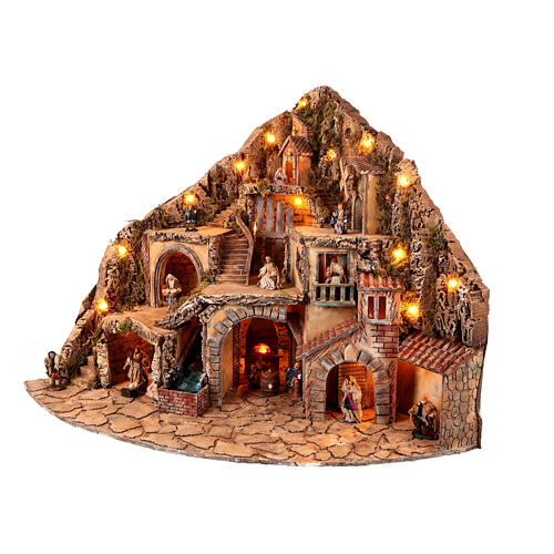 Corner village with lights, animated mill and fountain for 10 cm Neapolitan Nativity Scene, 70x95x75 cm 7