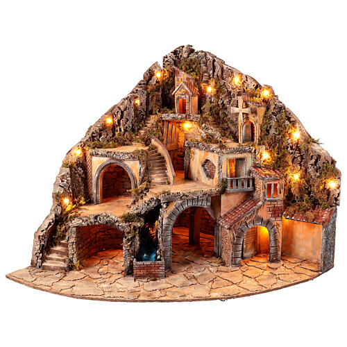 Corner village with lights, animated mill and fountain for 10 cm Neapolitan Nativity Scene, 70x95x75 cm 11