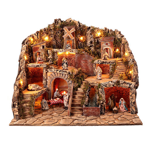 Illuminated village with animated mill and waterfall for 10 cm Neapolitan Nativity Scene, 70x45x60 cm 1