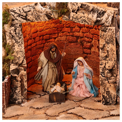 Pueblo iluminado 70x45x60 cm molino en movimiento cascada belén napolitano 10 cm 2