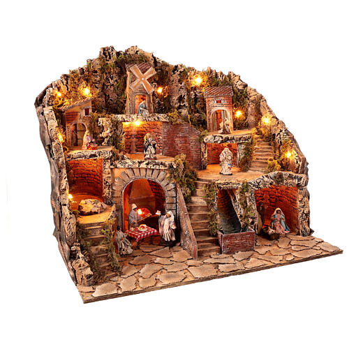 Pueblo iluminado 70x45x60 cm molino en movimiento cascada belén napolitano 10 cm 3