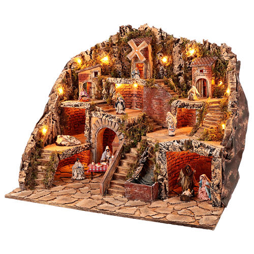 Pueblo iluminado 70x45x60 cm molino en movimiento cascada belén napolitano 10 cm 5