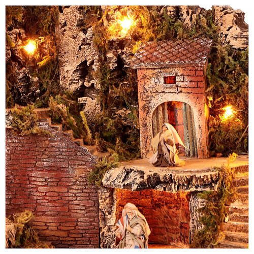Pueblo iluminado 70x45x60 cm molino en movimiento cascada belén napolitano 10 cm 8