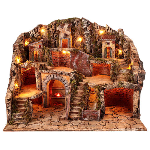 Pueblo iluminado 70x45x60 cm molino en movimiento cascada belén napolitano 10 cm 9
