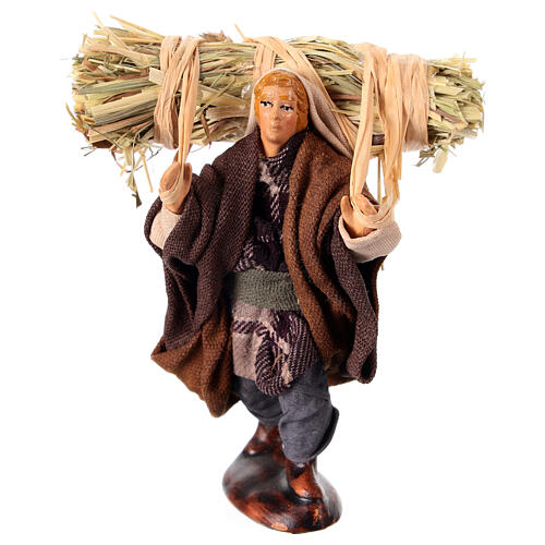 Peasant with straw for 10 cm Neapolitan Nativity Scene, terracotta and fabric 1