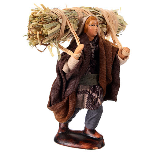 Peasant with straw for 10 cm Neapolitan Nativity Scene, terracotta and fabric 3