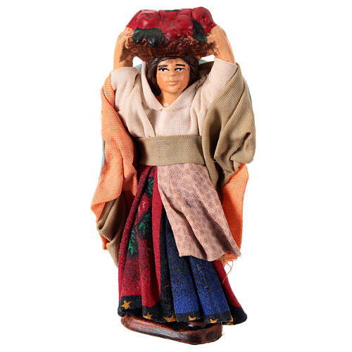 Woman with fruit basket on her head for 10 cm Neapolitan Nativity Scene, terracotta and fabric 1