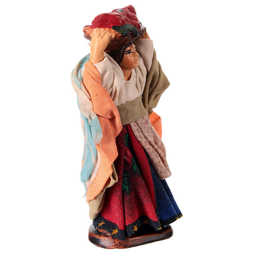 Woman with fruit basket on her head for 10 cm Neapolitan Nativity Scene, terracotta and fabric 3