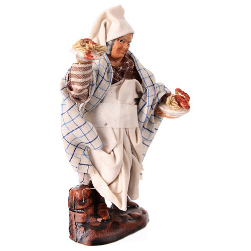 Waiter with two plates of pasta for 10 cm Neapolitan Nativity Scene, terracotta and fabric 3