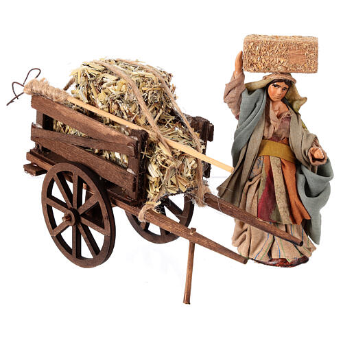 Terracotta farmer with cart of straw for 12 cm Neapolitan Nativity Scene 2