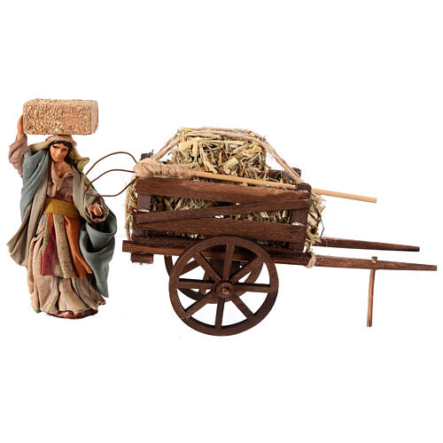 Terracotta farmer with cart of straw for 12 cm Neapolitan Nativity Scene 3