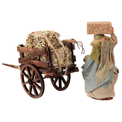 Terracotta farmer with cart of straw for 12 cm Neapolitan Nativity Scene 4