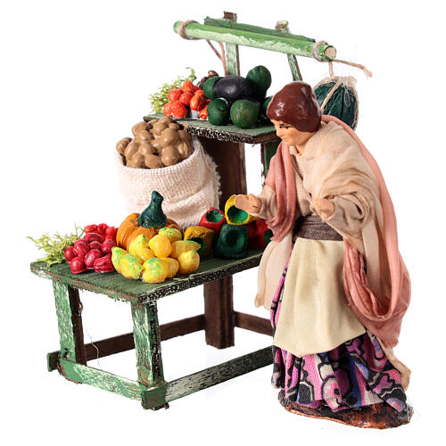Marktstand mit Obst und Verkäuferin, Krippenfigur, Terrakotta und Holz, neapolitanische Krippe, für 8 cm Krippe 2