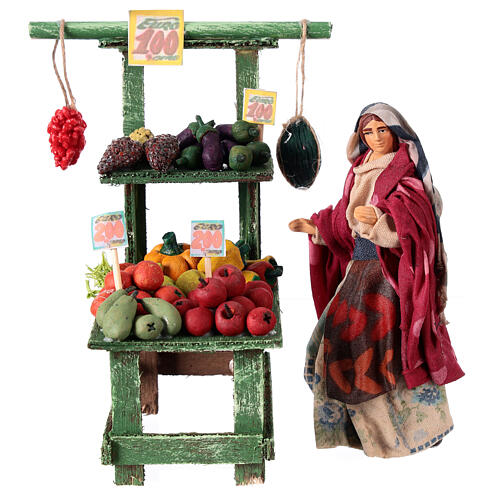 Market stand with fruits and 12 cm terracotta figurine for Neapolitan Nativity Scene 1