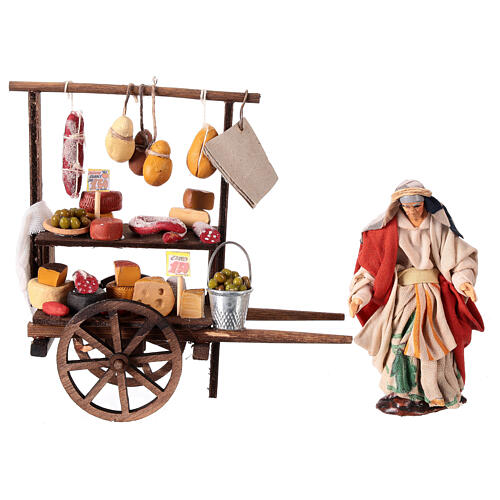 Charcuterie cart with seller, 10 cm terracotta Neapolitan Nativity Scene 1