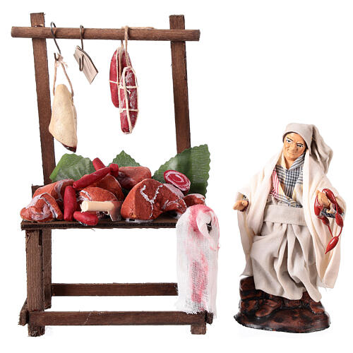 Market stand with meat and 12 cm terracotta figurine for Neapolitan Nativity Scene 1