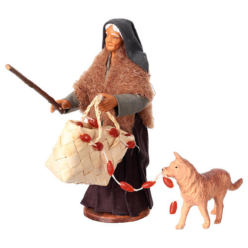 Alte Frau mit Tragetasche, Wurstkette und Hund, für 13 cm Krippe, neapolitanischer Stil 3