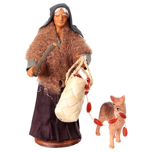 Femme âgée avec sac saucisses et chien crèche napolitaine 13 cm 1