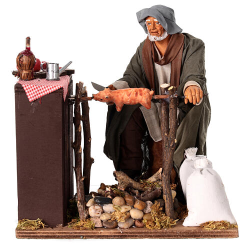 Man cooking a piglet on the spit, animated figurine for 30 cm Neapolitan Nativity Scene 1