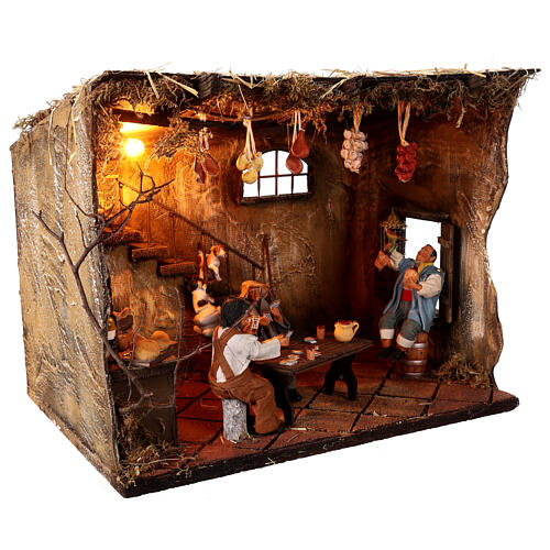 Scène intérieur maison éclairée avec ivrogne crèche napolitaine 13 cm 3