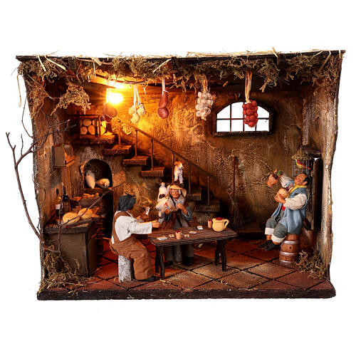Cena interior casa iluminada com bêbado presépio napolitano 13 cm 1