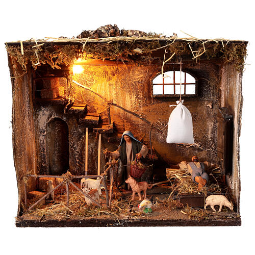 Illuminated stable with staircase and sleeping man for 13 cm Neapolitan Nativity Scene, 40x30x35 cm 1