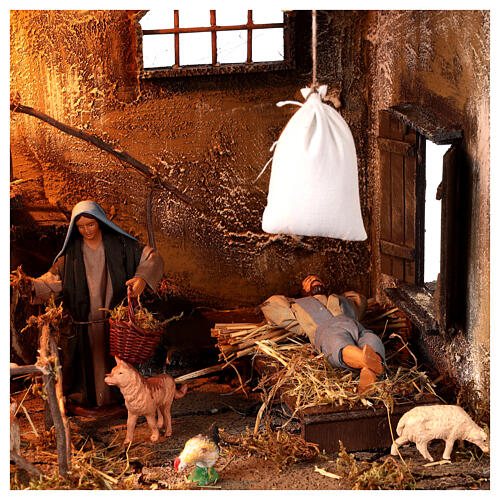 Illuminated stable with staircase and sleeping man for 13 cm Neapolitan Nativity Scene, 40x30x35 cm 2