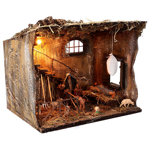 Illuminated stable with staircase and sleeping man for 13 cm Neapolitan Nativity Scene, 40x30x35 cm 3