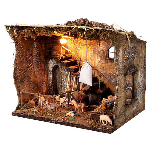 Illuminated stable with staircase and sleeping man for 13 cm Neapolitan Nativity Scene, 40x30x35 cm 4