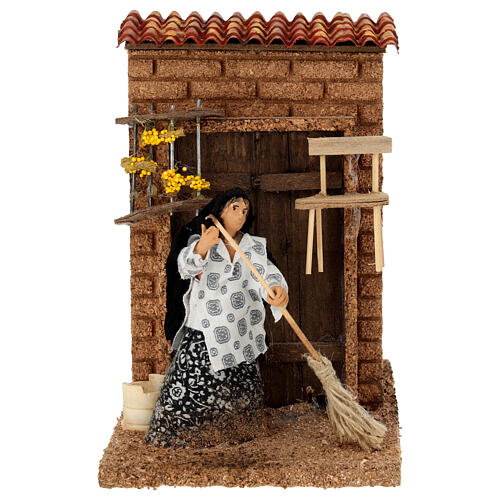 Woman sweeping animated 20x10x20 cm Neapolitan nativity scene 12 cm 1