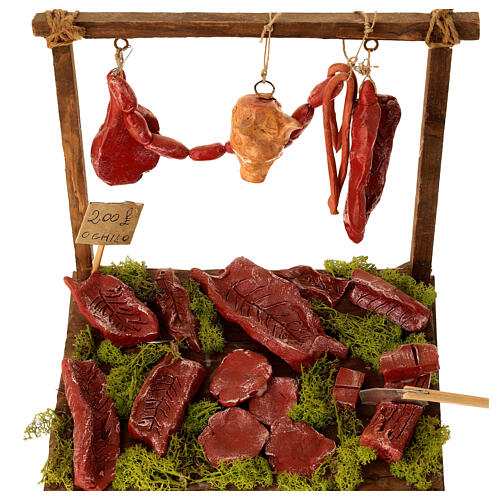 Marktstand mit Fleisch aus Terrakotta, im neapolitanischen Stil, für 24–30 cm Krippe – Krippenzubehör 2