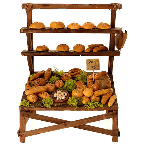 Marktstand mit Brot aus Terrakotta, im neapolitanischen Stil, für 14–16 cm Krippe – Krippenzubehör 1