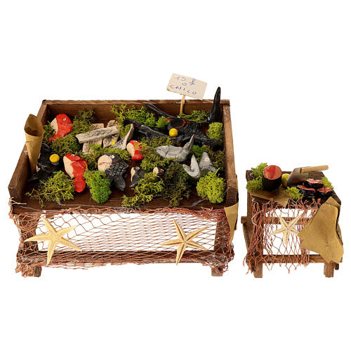 Marktstände mit Fisch aus Terrakotta, 2 Stück, im neapolitanischen Stil, für 14–16 cm Krippe – Krippenzubehör 1