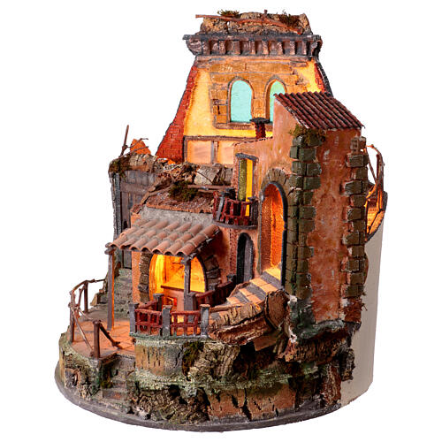 18th century style round nativity scene with temple 55x50 cm Neapolitan scene 8-12 cm 3
