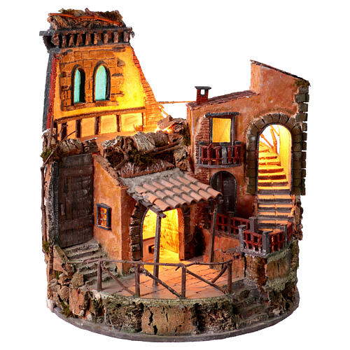 18th century style round nativity scene with temple 55x50 cm Neapolitan scene 8-12 cm 5