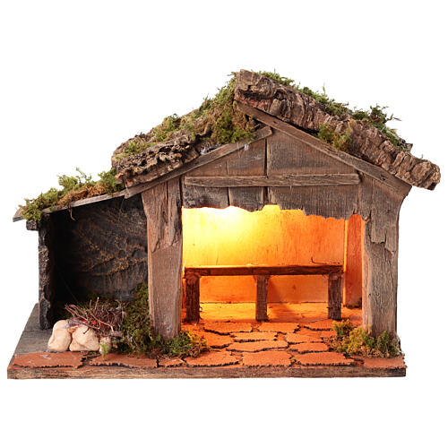 Stable with shed and fire 25x30x20 cm Neapolitan nativity set 8-10 cm 1