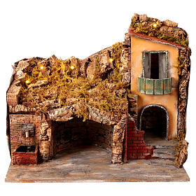 House with fountain and stable, 40x45x30 cm, for 8-10 cm Neapolitan Nativity Scene