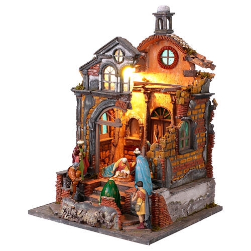 Tempio chiesa con natività 55x40x35 cm presepe napoletano 10-12 cm 10