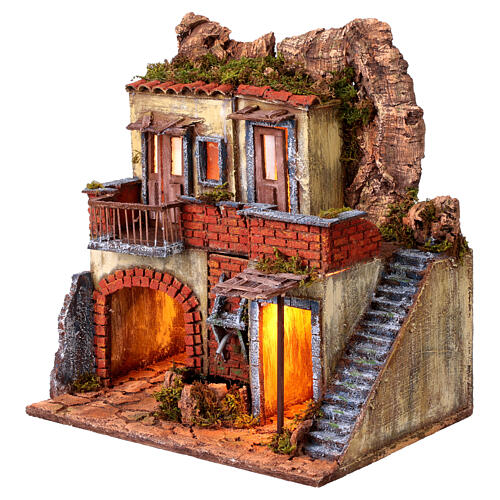 Belén napolitano iluminado con horno y riachuelo para estatuas de 12 cm 50x35x30 cm 2