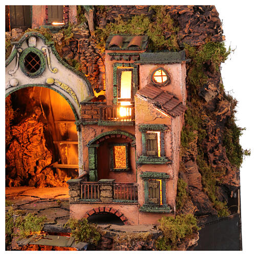 18th century nativity village with fountain and half-arch base 75x60x45 cm Neapolitan nativity scene 10-12 cm 2
