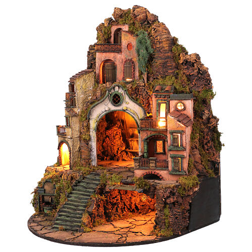 18th century nativity village with fountain and half-arch base 75x60x45 cm Neapolitan nativity scene 10-12 cm 3