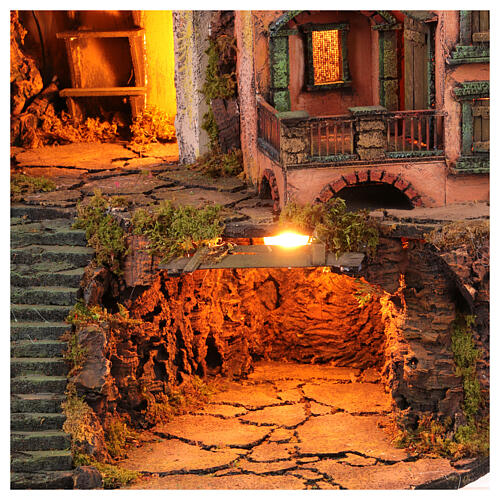 18th century nativity village with fountain and half-arch base 75x60x45 cm Neapolitan nativity scene 10-12 cm 5