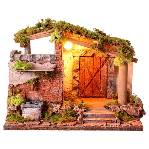 Stable with porch and fountain, 25x30x20 cm, for 10-12 cm figurines of Neapolitan Nativity Scene 1