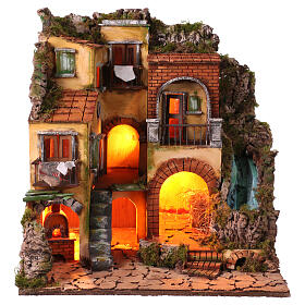 Nativity village with oven and waterfall, 55x50x45 cm, for Neapolitan Nativity Scene with 10-12 cm characters