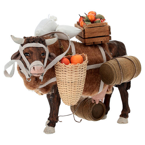 Bue con cesti di frutta e botti movimento presepe napoletano da 12 cm 3