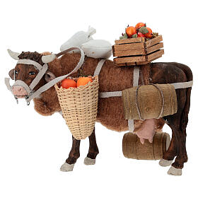 Ox with fruit baskets and barrels, animated Neapolitan nativity 12 cm