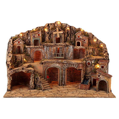 Illuminated village 100x60x70 cm waterfall mill oven Neapolitan Nativity 10-12 cm 1