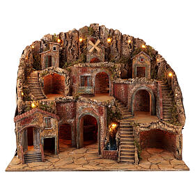 Ambientazione 100x60x85 cm illuminata movimento mulino cascata vera Presepe Napoletano 10-12 cm