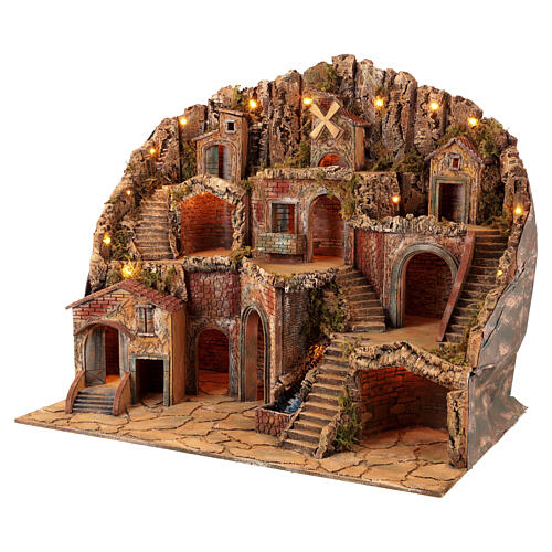 Illuminated Village Setting 100x60x85 cm with Mill and Real Waterfall for Neapolitan Nativity 10-12 cm 3